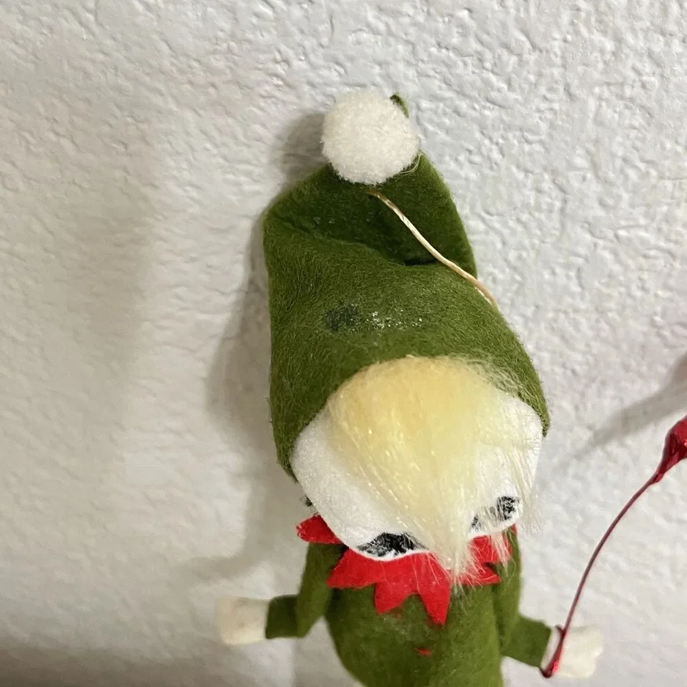 Vintage Flocked Felt Snow Baby Elf Christmas Ornaments Holding Balloons Lot of 2